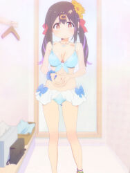 Rule 34 | 1girl, absurdres, bikini, bikini skirt, blue bikini, blue hair, breasts, brown hair, cleavage, collarbone, earrings, flower, gradient hair, hair flower, hair ornament, hair ribbon, hairclip, highres, jewelry, looking at viewer, medium breasts, multicolored hair, navel, necklace, onii-chan wa oshimai!, oyama mihari, red eyes, red ribbon, ribbon, screencap, sidelocks, skirt, stitched, stomach, swimsuit, thighs, third-party edit, twintails, white skirt