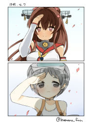 Rule 34 | 10s, 2girls, bad id, bad pixiv id, black eyes, black hair, brown eyes, brown hair, cherry blossoms, choker, dated, detached sleeves, diving mask, diving mask on head, gachimuchi honpo, goggles, goggles on head, headgear, kantai collection, long hair, maru-yu (kancolle), multiple girls, petals, salute, short hair, very short hair, yamato (kancolle)