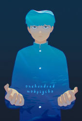 Rule 34 | 10s, 1boy, animal, black background, black eyes, blue theme, bowl cut, chromatic aberration, closed mouth, copyright name, fish, frown, gakuran, hiko (scape), kageyama shigeo, long sleeves, looking at viewer, male focus, mob psycho 100, ocean, outstretched hand, pants, school uniform, short hair, simple background, solo, underwater, upper body