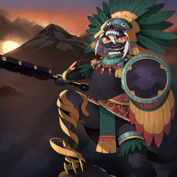 Rule 34 | cape, feathers, furry, hair between eyes, headdress, highres, holding, holding shield, holding weapon, kamukamu6392, macuahuitl, mountain, open mouth, original, pelvic curtain, red eyes, sharp teeth, shield, solo, sunset, teeth, weapon, white hair