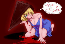 Rule 34 | 1girl, bad id, bad pixiv id, bare arms, bare legs, barefoot, blonde hair, blood, blood on clothes, blood on face, blood splatter, blood stain, blue dress, breasts, cleavage, coffinkun, cosplay, dress, green eyes, hair over one eye, hat, head tilt, heart, helmet, highres, holding, holding clothes, holding hat, kneeling, large breasts, looking at viewer, off shoulder, pyramid head, pyramid head (cosplay), red background, seductive smile, short hair, silent hill, silent hill (movie), silent hill (series), silent hill 2, sleeveless, smile, solo, trick or treat, usotsuki, yume nisshi