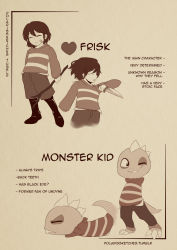 Rule 34 | androgynous, bandaid, bandaid on face, boots, bruise, bruised eye, character name, character sheet, closed eyes, english text, faceplant, frisk (undertale), gender request, heart, highres, injury, knee boots, knife, monochrome, monster kid (undertale), no arms, one eye closed, polaris (polarissketches), sepia, shirt, shorts, stick, striped clothes, striped shirt, sweater, tail, undertale, watermark, web address