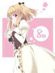 Rule 34 | 1girl, :o, black choker, black ribbon, blonde hair, blush, brown eyes, choker, corset, dress, frilled dress, frills, hair ribbon, hirayama kanna, iijima yun, interlocked fingers, long dress, long sleeves, looking at viewer, new game!, outline, own hands together, pink background, puffy long sleeves, puffy sleeves, ribbon, short hair, solo, spoken number, standing, two-tone background, two side up, white background, white dress, white outline