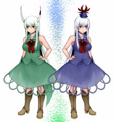 Rule 34 | 2girls, adapted costume, aoshima, armpits, bare shoulders, blue shirt, blue skirt, boots, bow, bowtie, breasts, brooch, brown footwear, choker, close-up, cowboy boots, dual persona, ex-keine, full body, green hair, green shirt, green skirt, hand on own hip, hat, highres, horn ornament, horn ribbon, horns, jewelry, kamishirasawa keine, large breasts, long hair, multicolored hair, multiple girls, red bow, red bowtie, red eyes, ribbon, shirt, sidelocks, silver hair, skirt, skirt set, sleeveless, sleeveless shirt, smile, touhou, two-tone hair, very long hair