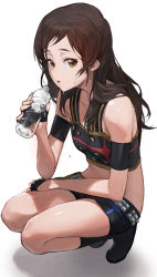 Rule 34 | 10s, 1girl, armband, belt, black footwear, black gloves, black shorts, boots, bottle, breasts, brown eyes, brown hair, buttons, crop top, dripping, fingerless gloves, full body, gloves, hand on own thigh, holding, holding bottle, idolmaster, idolmaster million live!, kitazawa shiho, long hair, looking at viewer, midriff, modare, orange eyes, parted lips, shade, shadow, shorts, simple background, sleeveless, small breasts, solo, squatting, star piece dreamer, sweat, swept bangs, water bottle, white background