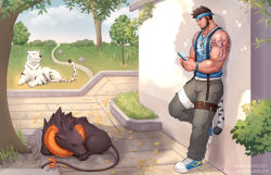 Rule 34 | 1boy, animal, arm tattoo, artist name, bandaged leg, bandages, bara, beard, biceps, black fur, bracelet, brown eyes, brown hair, bush, cellphone, collar, cross, cross necklace, day, denim, facial hair, feet against wall, foot against wall, grass, headphones, highres, jeans, jewelry, kulolin, legband, looking at another, looking to the side, lying, male focus, manly, mature male, muscular, muscular male, necklace, necktie, on stomach, on wall, original, outdoors, pants, park, petals, phone, plant, shadow, shoes, short hair, signature, sleeping, smartphone, spiked hair, tail, tank top, tattoo, thick arms, thick eyebrows, tiger, tight clothes, tree, vines, wall, white fur, white tiger