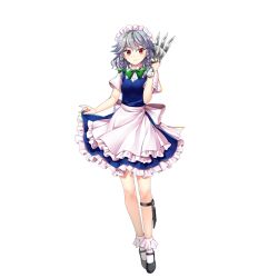 Rule 34 | 1girl, apron, black footwear, blue dress, braid, closed mouth, dress, embodiment of scarlet devil, full body, game cg, grey hair, highres, holding, holding knife, izayoi sakuya, knife, looking at viewer, maid, maid headdress, red eyes, rotte (1109), short hair, short sleeves, side braids, simple background, smile, socks, solo, third-party source, touhou, touhou lostword, twin braids, waist apron, white apron, white background, white socks
