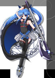 Rule 34 | 1girl, belt, belt bra, black thighhighs, blue hair, cape, long hair, lyrical nanoha, mahou shoujo lyrical nanoha, mahou shoujo lyrical nanoha a&#039;s, mahou shoujo lyrical nanoha a&#039;s portable: the battle of aces, levi the slasher, open mouth, red eyes, sidelocks, skirt, solo, thighhighs, twintails, very long hair, vulnificus, weapon