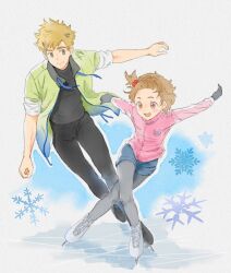 Rule 34 | 1boy, 1girl, akeuraji tsukasa, black pants, black shirt, blush, brown eyes, brown hair, crossed legs, full body, gloves, green jacket, hair bobbles, hair ornament, ice skates, ice skating, jacket, light brown hair, looking at another, medalist (manga), one side up, open clothes, open jacket, open mouth, outstretched arms, pants, pantyhose, pink jacket, sawoody, shirt, shorts, skates, skating, smile, snowflakes, spread arms, yuitsuka inori