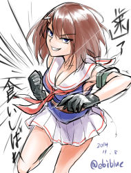 Rule 34 | 10s, 1girl, blue eyes, breasts, brown hair, cleavage, clenched hand, dated, ebiblue, gloves, grin, hair ornament, hairclip, highres, incoming attack, incoming punch, kantai collection, maya (kancolle), miniskirt, neckerchief, punching, sailor collar, short hair, skirt, smile, solo, translation request, twitter username, white background
