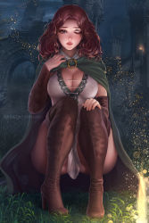 Rule 34 | 1girl, boots, breasts, brown footwear, brown hair, cleavage, cloak, elden ring, full body, highres, large breasts, lips, long hair, looking at viewer, melina (elden ring), night, one eye closed, outdoors, parted lips, prywinko, site of grace, solo, squatting, thigh boots, thighhighs
