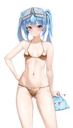 1girl absurdres arahashi_tabi bikini blue_eyes blue_hair blush breasts clenched_hand clenched_teeth contrapposto cowboy_shot gluteal_fold goggles goggles_on_head gold_bikini hand_on_own_hip highres long_hair looking_at_viewer mascot navel sibo simple_background small_breasts solo stellive stomach string_bikini swimsuit teeth twintails virtual_youtuber white_background yellow_bikini