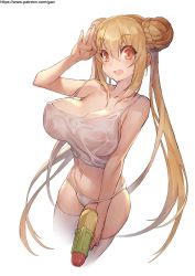 Rule 34 | 1girl, :d, blonde hair, breasts, cleavage, double bun, gao (gaolukchup), hair bun, hand up, highres, large breasts, light brown hair, long hair, looking at viewer, navel, open mouth, orange eyes, original, panties, perky breasts, salute, sidelocks, simple background, smile, solo, spaghetti strap, strap slip, thighhighs, twintails, underwear, underwear only, very long hair, water gun, wet, white background, white panties, white thighhighs