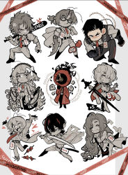 Rule 34 | !, 1other, 3boys, 5girls, ?, ahoge, anchor, anger vein, apple, arm armor, arms up, artist name, belt, black belt, black cape, black footwear, black hair, black pants, black shirt, black vest, boots, border, bow, brown necktie, cape, chain, character name, chibi, cigarette, clock, closed mouth, coat, collared jacket, collared shirt, commentary, dante (limbus company), don quixote (project moon), english commentary, fang, faust (project moon), fire, food, fruit, full body, glasses, gold chain, gregor (project moon), grey border, grey hair, grey shirt, hair between eyes, hair bow, hair over one eye, half-closed eyes, hand in pocket, hand up, hands up, headdress, heart, heathcliff (project moon), highres, holding, holding anchor, holding sword, holding weapon, ishmael (project moon), jacket, leg up, limbus company, long hair, long sleeves, looking to the side, looking up, meursault (project moon), miqoting, multiple boys, multiple girls, necktie, numbered, on one knee, one eye closed, open clothes, open coat, open jacket, open mouth, outside border, pants, paper, pocket, ponytail, project moon, prosthesis, puffy long sleeves, puffy sleeves, red cape, red jacket, red necktie, rodion (project moon), shadow, shirt, shoes, short hair, short ponytail, simple background, skirt, smile, smoke, smoking, socks, speech bubble, standing, standing on one leg, suspenders, sweatdrop, sweater, sword, teeth, tongue, turtleneck, turtleneck sweater, two-sided cape, two-sided fabric, v-shaped eyebrows, very long hair, vest, wavy hair, weapon, white background, white belt, yi sang (project moon)