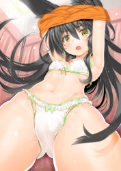 Rule 34 | 1girl, animal ears, arms up, black hair, blush, bow, bow bra, bow panties, bra, breasts, char, clothes lift, gluteal fold, highres, long hair, looking at viewer, midriff, navel, necro-san, open mouth, original, panties, shirt lift, small breasts, solo, underwear, undressing, yellow eyes