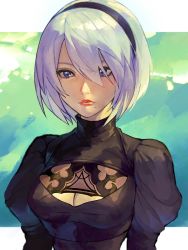 Rule 34 | 1girl, blue eyes, breasts, cleavage, cleavage cutout, clothing cutout, green background, hair between eyes, hair over one eye, hairband, highres, juliet sleeves, long sleeves, mole, mole under mouth, nier (series), nier:automata, no blindfold, oni gini, puffy sleeves, red lips, shaded face, short hair, solo, turtleneck, upper body, white hair, 2b (nier:automata)