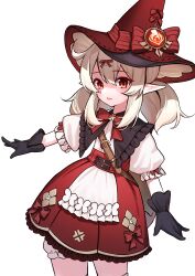 Rule 34 | 1girl, absurdres, black gloves, blonde hair, bow, bowtie, cowboy shot, frilled gloves, frilled shirt, frills, genshin impact, gloves, hair ribbon, hat, high-waist skirt, highres, iznal, klee (blossoming starlight) (genshin impact), klee (genshin impact), looking at viewer, orange eyes, parted lips, pointy ears, red bow, red bowtie, red eyes, red hat, red ribbon, red skirt, ribbon, shirt, simple background, skirt, solo, vision (genshin impact), white background, white shirt, witch hat
