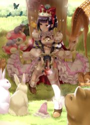Rule 34 | 1girl, animal, animal on head, animal on shoulder, armor, bear, bird, bird on head, bird on shoulder, black hair, blunt bangs, blush, boots, bow, breasts, bug, butterfly, cherry, chipmunk, cleavage, closed mouth, clover (flower), day, deer, flower, food, fruit, full body, gem, grass, hair bow, hand on own knee, highres, holding, holding food, holding fruit, insect, mole, mouse (animal), mouth hold, mushroom, on head, original, outdoors, pink eyes, rabbit, red bow, red eyes, revision, rin2008, seed, shade, sitting, skirt, small breasts, smile, squirrel, tiara, tree