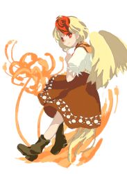 Rule 34 | 1girl, bird girl, bird tail, blonde hair, closed mouth, commentary request, flower, full body, hands up, kaigen 1025, multicolored hair, niwatari kutaka, puffy short sleeves, puffy sleeves, red eyes, red hair, shirt, short hair, short sleeves, simple background, smile, solo, spider lily, tail, touhou, two-tone hair, white background, white shirt, yellow wings