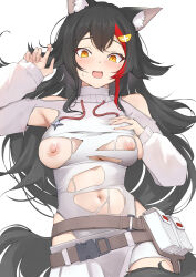 Rule 34 | 1girl, alternate costume, animal ears, armpit cutout, bare shoulders, belt buckle, black hair, blush, breasts, buckle, clothing cutout, hair ornament, hairpin, highres, hololive, large breasts, leotard, long sleeves, looking at viewer, mitsuru (pixiv 34028718), multicolored hair, navel, nipples, ookami mio, open mouth, puffy long sleeves, puffy sleeves, red hair, shoulder cutout, simple background, skirt, solo, streaked hair, torn clothes, torn leotard, virtual youtuber, white background, white leotard, white shrug, white skirt, wolf ears, wolf girl, yellow eyes