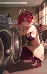 Rule 34 | 1girl, absurdres, bra, breasts, double halo, hair bun, halo, heterochromia, high heels, highres, hololive, hololive english, indoors, irys (hololive), jushoro, large breasts, laundromat, leaning, leaning on object, looking at viewer, looking to the side, navel, no shirt, pointy ears, shoes, skirt, squatting, star halo, stiletto heels, sunlight, thighhighs, underwear, virtual youtuber, washing machine, wings