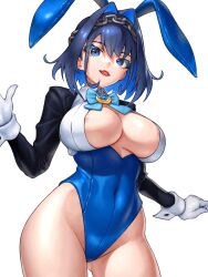 1girl alternate_costume animal_ears areola_slip black_sleeves blue_bow blue_bowtie blue_eyes blue_hair blue_leotard blush bow bowtie breasts chain chain_headband choker cleavage cleavage_cutout clothing_cutout collarbone collared_leotard colored_inner_hair commentary covered_navel earrings english_commentary fake_animal_ears fang fanged_bangs gloves gluteal_fold hair_between_eyes hair_intakes hair_ornament heart-shaped_gem highleg highleg_leotard highres hololive hololive_english jacket jewelry large_breasts leotard long_sleeves looking_at_viewer multicolored_hair open_mouth ouro_kronii playboy_bunny rabbit_ears rabbit_tail ribbon_earrings short_hair simple_background skin_fang skylock smile solo tail thighs virtual_youtuber white_background white_gloves wrist_cuffs