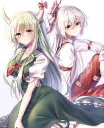 Rule 34 | 2girls, absurdres, artist name, bad id, bad pixiv id, blush, bow, breasts, commentary request, dress, ex-keine, from side, fujiwara no mokou, gradient background, green dress, green hair, grey background, hair between eyes, hair bow, head tilt, highres, horn bow, horn ornament, horns, juliet sleeves, kamishirasawa keine, knee up, large breasts, long hair, long sleeves, looking at viewer, multiple girls, ofuda, pants, petticoat, pinafore dress, pudding (skymint 028), puffy short sleeves, puffy sleeves, red bow, red eyes, red pants, shirt, short sleeves, signature, silver hair, sitting, sleeveless dress, touhou, very long hair, white background, white bow, white shirt