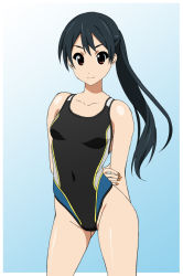 Rule 34 | 1girl, akane (fukuoka katsumi), arms behind back, bare arms, bare shoulders, black hair, blue background, breasts, collarbone, competition swimsuit, cowboy shot, fingernails, fukuoka katsumi, gradient background, groin, highleg, highleg swimsuit, long hair, looking at viewer, nail polish, one-piece swimsuit, orange nails, original, ponytail, red eyes, shiny skin, simple background, small breasts, smile, solo, swimsuit