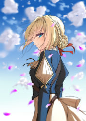 Rule 34 | 10s, 1girl, ascot, blue jacket, blue sky, blurry, blurry background, blush, braid, braided bun, cloud, cropped jacket, crying, crying with eyes open, day, depth of field, dress, from side, hair bun, hair ribbon, highres, jacket, juliet sleeves, long sleeves, motion blur, open mouth, outdoors, petals, profile, puffy sleeves, qingchen (694757286), raised eyebrows, red ribbon, ribbon, side bun, sideways mouth, single hair bun, single side bun, sky, solo, streaming tears, tears, upper body, violet evergarden, violet evergarden (series), white ascot, white dress