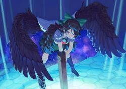 Rule 34 | 1girl, arm cannon, atom, berabou, black feathers, black hair, black socks, black wings, blouse, bow, cape, control rod, feathered wings, feathers, frilled skirt, frills, green bow, green skirt, hair bow, highres, kneehighs, long hair, messy hair, puffy short sleeves, puffy sleeves, red eyes, reiuji utsuho, shirt, short sleeves, skirt, socks, solo, starry sky print, third eye, touhou, very long hair, weapon, white cape, white shirt, wings