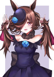 Rule 34 | 1girl, :d, absurdres, animal ears, bare shoulders, black hat, blue dress, blue flower, blue rose, breasts, brown hair, bunching hair, commentary request, dress, flower, hair over one eye, hat, hat flower, highres, horse ears, long sleeves, looking at viewer, medium breasts, off-shoulder dress, off shoulder, open mouth, purple background, purple eyes, rice shower (umamusume), rose, setu (shining12), sleeves past wrists, smile, solo, tilted headwear, twintails, two-tone background, umamusume, white background