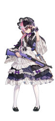 Rule 34 | 1girl, absurdres, arisa hikami, black footwear, black hair, bonnet, bow, chainsaw, dress, footwear bow, frilled dress, frills, full body, gun, hair over one eye, hair over shoulder, highres, holding, holding gun, holding weapon, long hair, long sleeves, looking at viewer, maid of the dead, multicolored hair, neck ribbon, official art, petticoat, photoshop (medium), pigeon-toed, pink hair, red eyes, ribbon, shotgun, simple background, smile, solo, standing, twintails, two-tone hair, weapon, white background, wrist cuffs