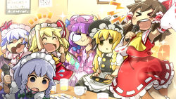 Rule 34 | &gt; &lt;, 6+girls, 96mikuma, :&gt;, absurdres, apron, arm above head, armpits, ascot, bat wings, black skirt, black vest, blonde hair, blouse, blue hair, blue vest, book pillow, bow, braid, brooch, brown hair, chibi, clenched hand, commentary request, covering own ears, crescent, crescent hair ornament, cup, detached sleeves, double bun, dress, drinking glass, empty eyes, fang, flandre scarlet, flying sweatdrops, hair bow, hair bun, hair ornament, hair ribbon, hair tubes, hakurei reimu, hat, hat ribbon, highres, holding, holding microphone, indoors, izayoi sakuya, jewelry, jitome, karaoke, karaoke box, kirisame marisa, leaning forward, light blue hair, long hair, looking away, maid headdress, microphone, mob cap, multiple girls, music, nose bubble, open mouth, patchouli knowledge, puffy short sleeves, puffy sleeves, red skirt, red vest, remilia scarlet, ribbon, ribbon-trimmed sleeves, ribbon trim, robe, shirt, short hair, short sleeves, sign, singing, single braid, sitting, skirt, sleeping, solid circle eyes, sparkle, standing, striped clothes, striped dress, table, teacup, teeth, touhou, tress ribbon, triangle mouth, upper teeth only, very long hair, vest, waist apron, white shirt, wings, witch hat, yellow ascot