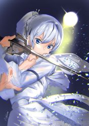 Rule 34 | 1girl, absurdres, ashiomi masato, blue eyes, breasts, cleavage, closed mouth, collarbone, crossed arms, debris, dress, fighting stance, highres, holding, holding sword, holding weapon, left-handed, long hair, long sleeves, looking at viewer, ponytail, rapier, rwby, scar, scar across eye, scar on face, signature, solo, sword, weapon, weiss schnee, white dress