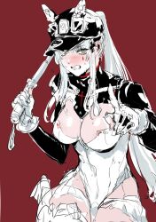 1girl animal_ear_headwear baseball_cap baton_(weapon) breasts clenched_teeth commentary_request cowboy_shot cross_hair_ornament embarrassed fake_animal_ears girls&#039;_frontline girls&#039;_frontline_2:_exilium gloves green_eyes hair_ornament hat highleg highleg_leotard highres hk416_(girls&#039;_frontline) holding holding_baton_(weapon) holding_weapon large_breasts leotard long_hair long_sleeves mechanical_ears osakana_(denpa_yun&#039;yun) partially_fingerless_gloves pointing pointing_at_viewer ponytail red_background scowl shrug_(clothing) sidelocks simple_background sitting solo teardrop_facial_mark teeth weapon white_hair white_leotard