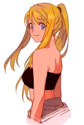 Rule 34 | 1girl, arms at sides, back, bandeau, bare arms, bare back, bare shoulders, black tube top, blonde hair, blue eyes, closed mouth, earrings, fullmetal alchemist, jewelry, long hair, looking at viewer, looking back, midriff, neck, ponytail, riru, simple background, smile, solo, strapless, tube top, white background, winry rockbell