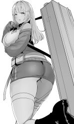 Rule 34 | 1girl, :p, ass, belt pouch, blush, bow, bowtie, breasts, case, clash kuro neko, claw ring, from behind, from below, goddess of victory: nikke, greyscale, hair ornament, highres, jacket, jewelry, large breasts, long hair, looking at viewer, looking back, monochrome, multiple rings, off-shoulder jacket, off shoulder, pencil skirt, pouch, puffy sleeves, ring, shirt, skirt, sleeves past wrists, solo, strap, thighhighs, tia (nikke), tongue, tongue out