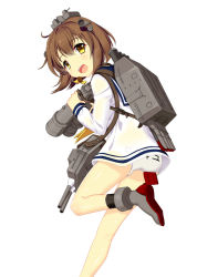 Rule 34 | 10s, 1girl, :d, bad id, bad pixiv id, bare legs, binoculars, boots, brown hair, cnm, dress, headgear, high heels, kantai collection, leg up, long sleeves, looking at viewer, looking back, machinery, neckerchief, open mouth, panties, pantyshot, sailor collar, sailor dress, see-through, see-through silhouette, short hair, simple background, smile, solo, standing, underwear, white background, white panties, yellow eyes, yukikaze (kancolle)