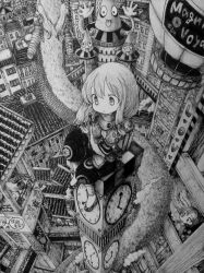 Rule 34 | 3girls, absurdres, cigarette, clock, clock tower, closed mouth, expressionless, greyscale, highres, long hair, looking away, medium hair, monochrome, multiple girls, original, outdoors, railing, scenery, short hair, sitting, smoking, standing, tower, usio ueda