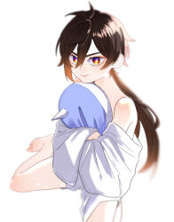 Rule 34 | 1boy, absurdres, aged down, alternate costume, genshin impact, highres, holding, holding stuffed animal, holding stuffed toy, image sample, looking at viewer, pixiv sample, sitting, solo, solo focus, stuffed animal, stuffed toy, toowa092021, uke zhongli, white background, zhongli (genshin impact)