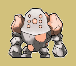 Rule 34 | arms at sides, blacknirrow, brown background, chibi, creatures (company), full body, game freak, gen 3 pokemon, legendary pokemon, looking at viewer, nintendo, no humans, orange eyes, outline, pokemon, pokemon (creature), regirock, rock, simple background, solo, standing, straight-on, white outline