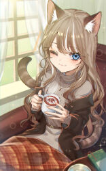 Rule 34 | 1girl, ;), absurdres, animal ears, belt, blanket, blue eyes, blush, cat ears, cat girl, cat tail, closed mouth, cup, curtains, grey sweater, highres, hot chocolate, jacket, jewelry, light brown hair, long hair, long sleeves, looking at viewer, mug, multicolored hair, necklace, off shoulder, one eye closed, open clothes, open jacket, original, pendant, ruri-urasue-1224, sitting, smile, steam, streaked hair, sweater, tail, turtleneck, turtleneck sweater, two-tone hair, white hair, window