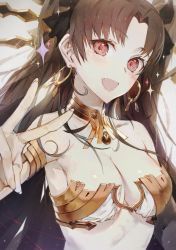 Rule 34 | 1girl, bare shoulders, blush, breasts, brown hair, cleavage, crown, earrings, fate/grand order, fate (series), fingernails, hair ribbon, highres, hoop earrings, hxxg, ishtar (fate), jewelry, long fingernails, long hair, looking at viewer, medium breasts, open mouth, red eyes, ribbon, smile, solo, sparkle, tohsaka rin, upper body, v