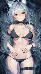 1girl absurdres ahoge animal_ear_fluff bikini black_bikini black_choker black_nails blue_archive blue_eyes breasts bright_pupils choker cleavage collarbone cross_hair_ornament grey_hair hair_between_eyes hair_ornament halterneck highres kokukyukeo large_breasts long_hair looking_at_viewer navel partially_submerged shiroko_(blue_archive) shiroko_terror_(blue_archive) side-tie_bikini_bottom solo string_bikini swimsuit thigh_strap thighs wet wet_hair white_pupils