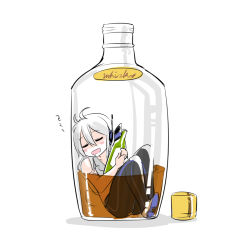 Rule 34 | 1girl, ahoge, alcohol, bottle, caffein, detached sleeves, drooling, headphones, in bottle, in container, silver hair, sleeping, solo, utau, vocaloid, whiskey, yowane haku, zzz