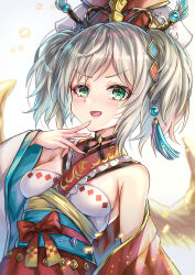 Rule 34 | 1girl, akami770, armpits, breasts, collar, dress, feathered wings, frills, gem, gold, green eyes, grey hair, hair ornament, highres, japanese clothes, jewelry, kimono, layered dress, medium breasts, obi, off shoulder, open mouth, print kimono, resplendent phoenix (shadowverse), sash, shadowverse, short hair, short twintails, simple background, single bare shoulder, smile, solo, tongue, twintails, upper body, white background, white headwear, wide sleeves, wings