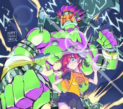 Rule 34 | 1girl, 2boys, absurdres, aiba ami, artist name, axe, black skirt, blue eyes, bolt (hardware), boltmon, chain, colored skin, digimon, digimon story: cyber sleuth, electricity, glowing, glowing eyes, goggles, goggles on head, grabbing, grabbing another&#039;s breast, green skin, highres, holding, holding weapon, horns, mask, medium hair, multiple boys, muscular, muscular male, red eyes, red hair, scar, shirt, side ponytail, single horn, skirt, smirk, spiked hair, supermondobeat, terriermon, thumbs up, topless male, weapon, yellow shirt
