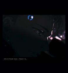 Rule 34 | 1boy, aiming, android, border, character request, close-up, copyright name, detroit: become human, english text, eyelashes, from side, glowing, grey hair, hari1000bom, highres, light particles, looking ahead, male focus, parted lips, profile, solo, spot color