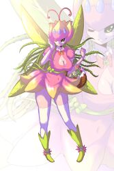 1girl breasts digimon digimon_(creature) fairy flower highres hudie_jun lilimon looking_at_viewer monster_girl one_eye_closed petals plant_girl smile solo teeth thorns wings