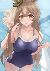 Rule 34 | 1girl, animal ears, blue one-piece swimsuit, blush, bow, breasts, brown eyes, brown hair, collarbone, commentary request, covered navel, ear ribbon, green ribbon, half updo, highres, holding, holding towel, horse ears, horse girl, large breasts, long hair, looking at viewer, one-piece swimsuit, ribbon, satono diamond (umamusume), solo, swimsuit, tepechi, towel, umamusume, water, wet